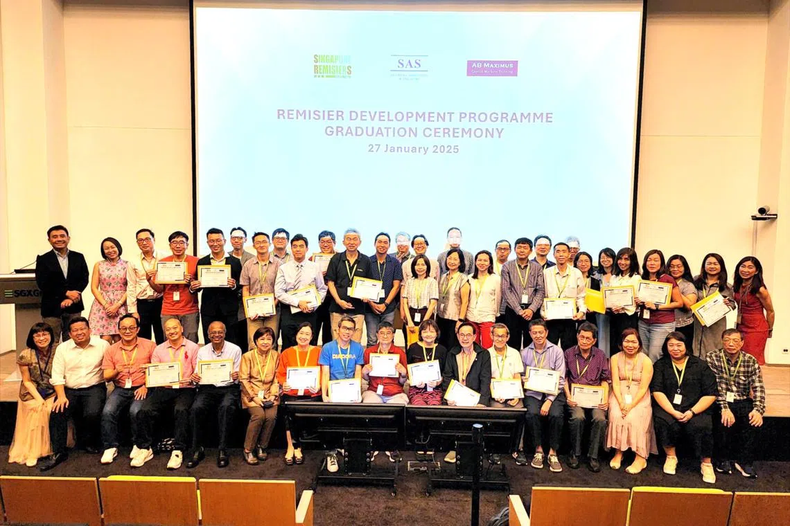 To upskill remisiers, the Society of Remisiers (Singapore) and the Securities Association of Singapore launched the Remisier Development Programme last September. A graduation ceremony for participants took place earlier this year (above).