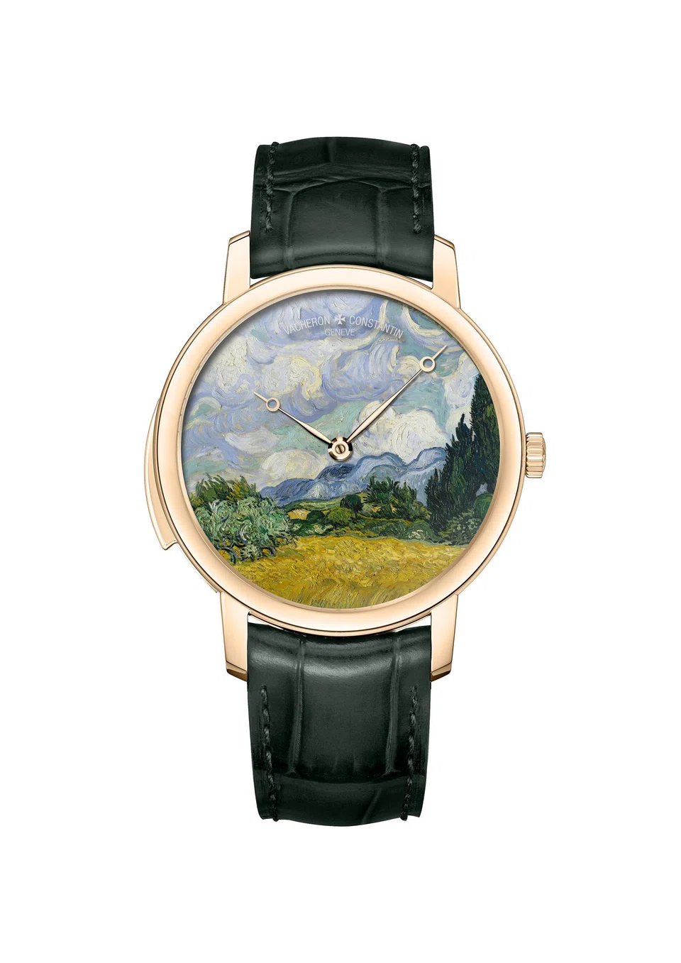 Bespoke Vacheron Constantin minute repeater watch with an enamel dial rendering of Vincent van Gogh's Wheat Field with Cypresses.