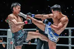 Fighters in action at the weekly One Friday Fights event at the Lumpinee Boxing Stadium in Bangkok.