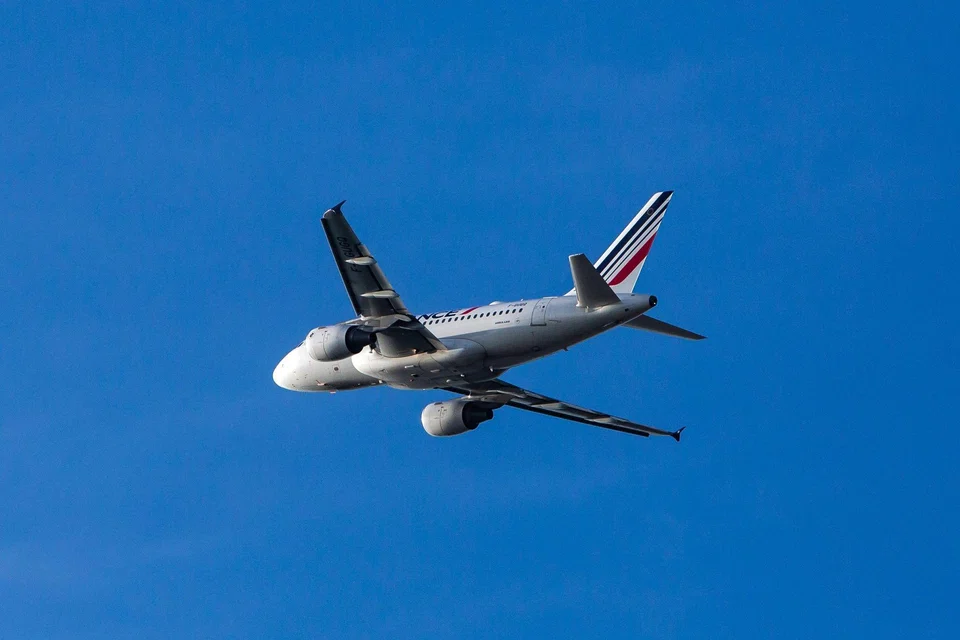 An Airbus SE A318-111 passenger aircraft, operated by Air France-KLM. The company said it was on track to fully pay back French state aid by April 2023, reporting a net debt of 6.3 billion euros, down 1.9 billion euros from the previous year.