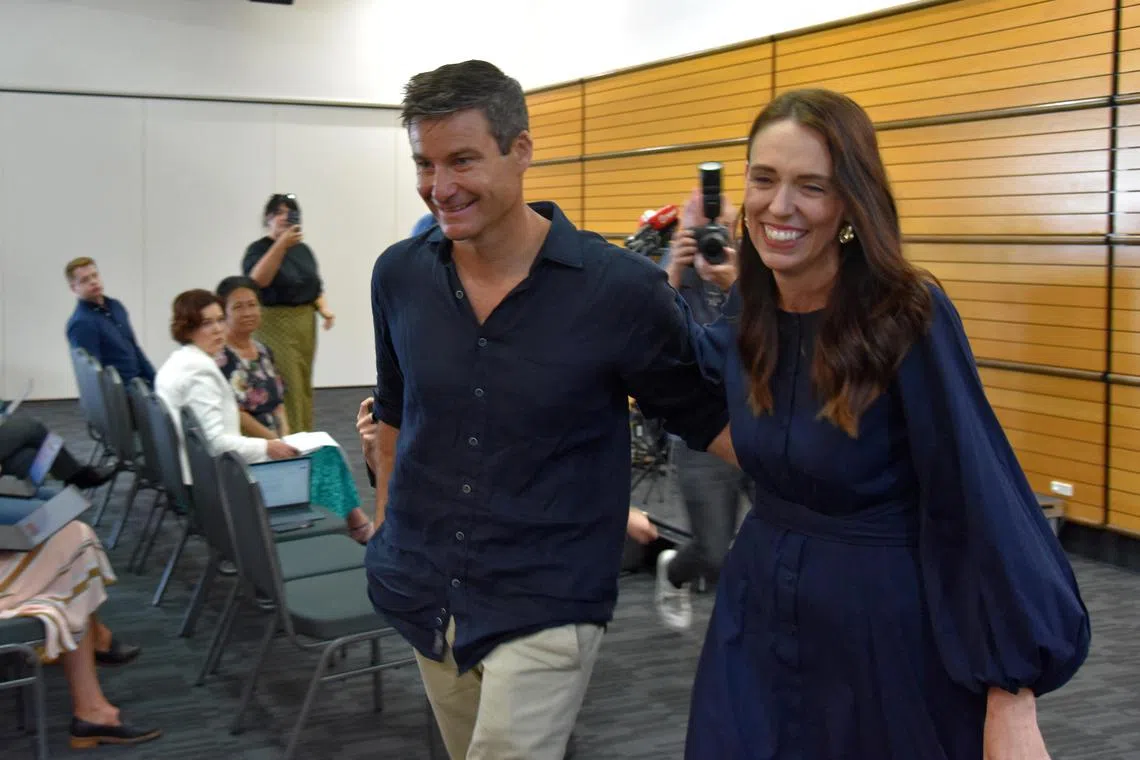 New Zealand Prime Minister Jacinda Ardern leaves with longtime partner Clarke Gayford following the announcement of her resignation at the War Memorial Hall, in Napier, New Zealand Jan 19, 2023.  