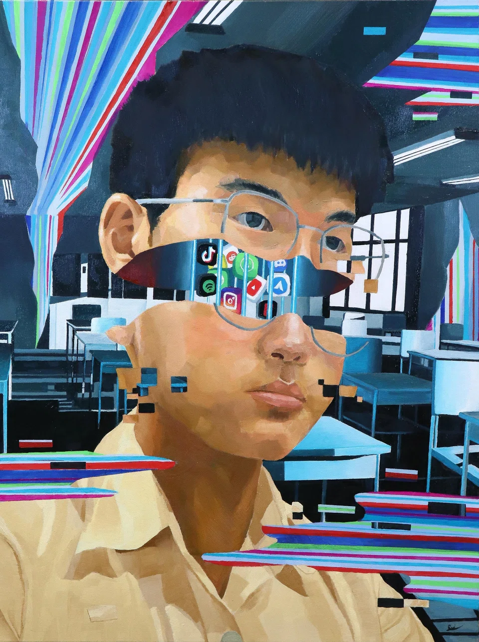 A past winner of the 13-19 Art Prize is Fairfield Secondary School student Chua Rui Yan, whose painting, titled Monotony (oil on canvas, 84 x 60 cm), depicts our fraught relationship with technology.