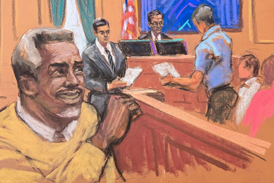In a courtroom sketch, Sean "Diddy" Combs reacts as the jury foreperson and courtroom deputy read the verdict before US District Judge Arun Subramanian during Combs' sex trafficking trial in New York City, New York, July 2, 2025.