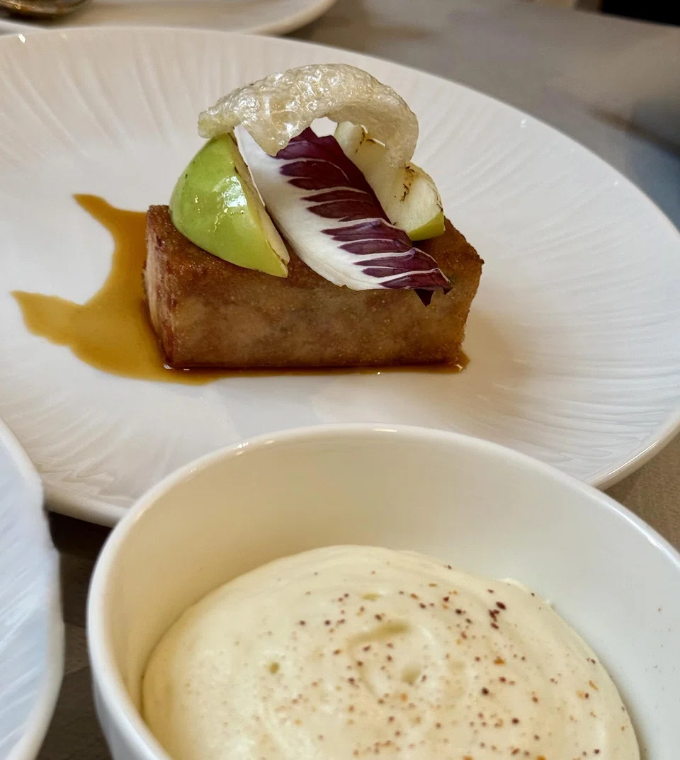 Filo pastry wrapped pork belly and apple with creamy whipped potato.
