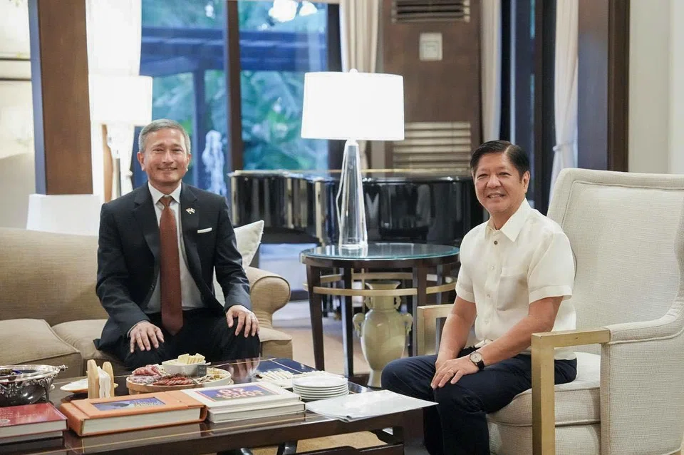 Singapore's Foreign Minister Vivian Balakrishnan (left) meeting the Philippines President Ferdinand Marcos Jr on Monday, as part of his four-day visit.