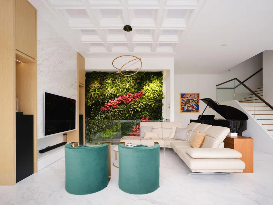 The coffered ceiling is one of the home's stylistic elements.