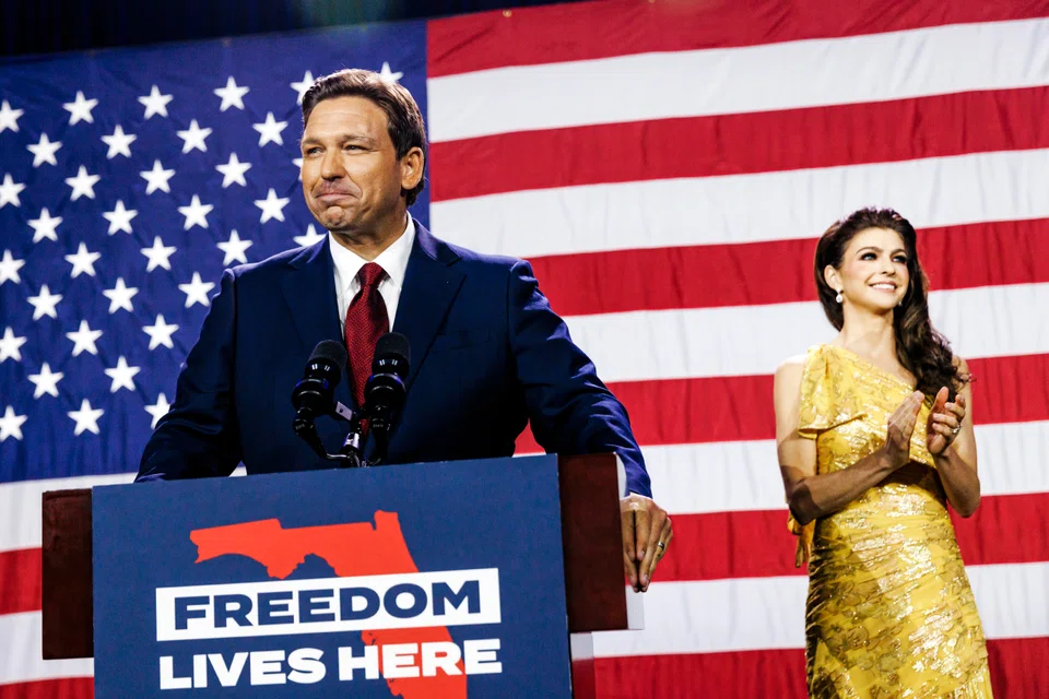 Governor Ron Desantis, seen here at his midterms election victory celebration in Tampa on Nov 8, 2022, is the unofficial leader of the conservative war against ESG.