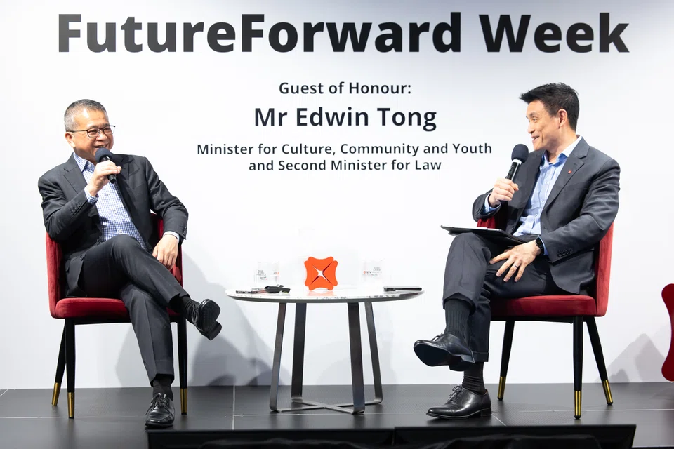 Minister for Culture, Community and Youth and Second Minister for Law Edwin Tong (left) with Han Kwee Juan, DBS Singapore CEO, in a fireside chat at DBS FutureForward Week.