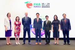 (From left) Janice Lee, event director for hospitality, food and beverage at Informa Markets, Singapore; Angeline Chan, director of food services at Enterprise Singapore; Ian Roberts, vice-president of Informa Markets, Asia; Alvin Tan, MOS for Ministry of Trade and Industry and Culture, Community and Youth; Yap Chin Siang, deputy chief executive of STB; Kwee Wei-Lin, president of SHA; and David Tan, president of Singapore Food Manufacturers' Association are at the opening ceremony of Food & Hotel Asia (FHA) - Hotel, Restaurant and Café 2022.