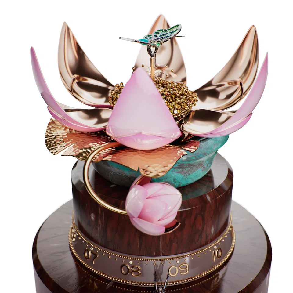 In the Floraison du Nénuphar, a single majestic
water lily takes centre stage.