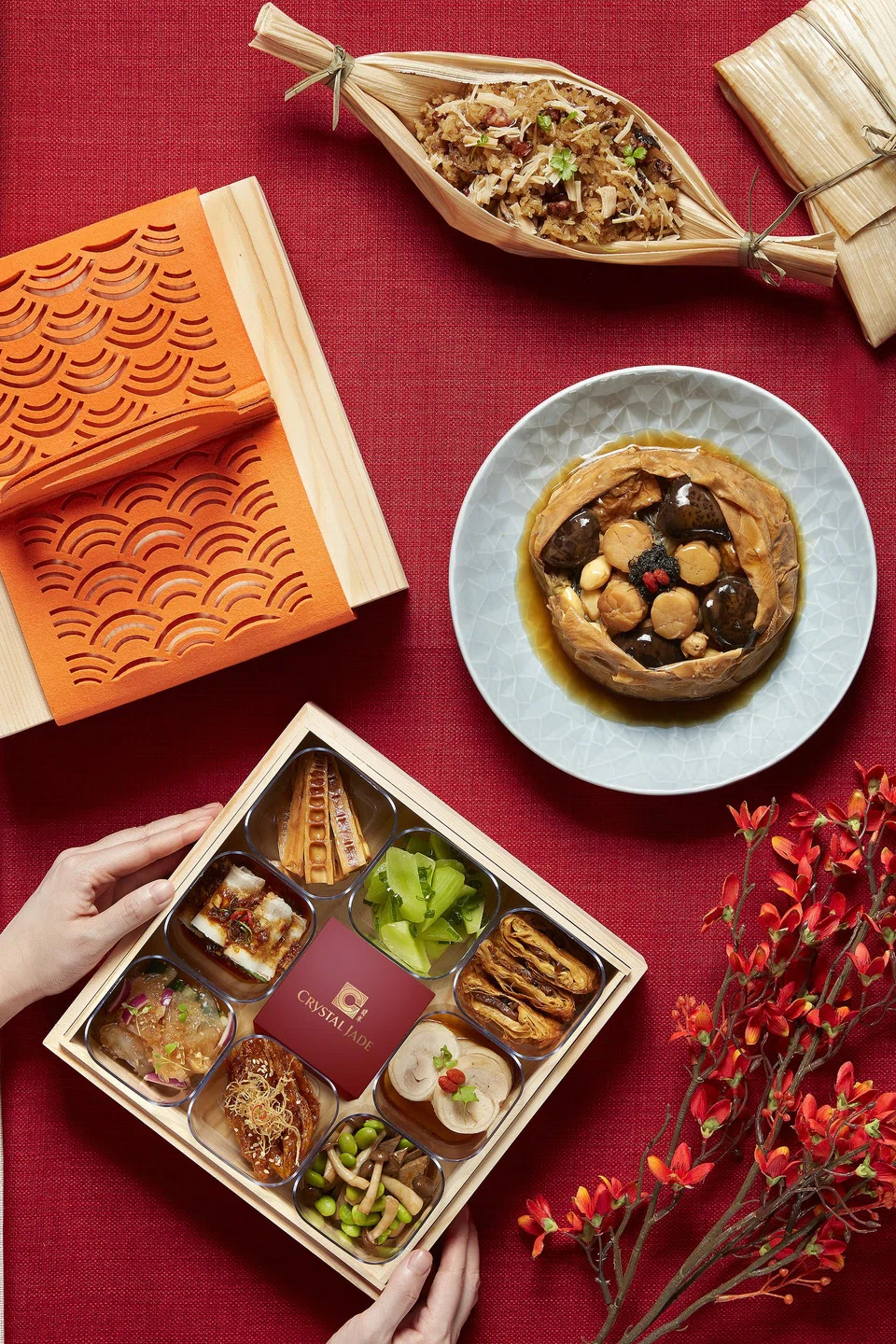 Fortune Fried Glutinous Rice with Conpoy in Opeh Leaf, Eight Treasure Vegetable Wrapped in Beancurd Skin & 9-Colour Appetiser Platter.