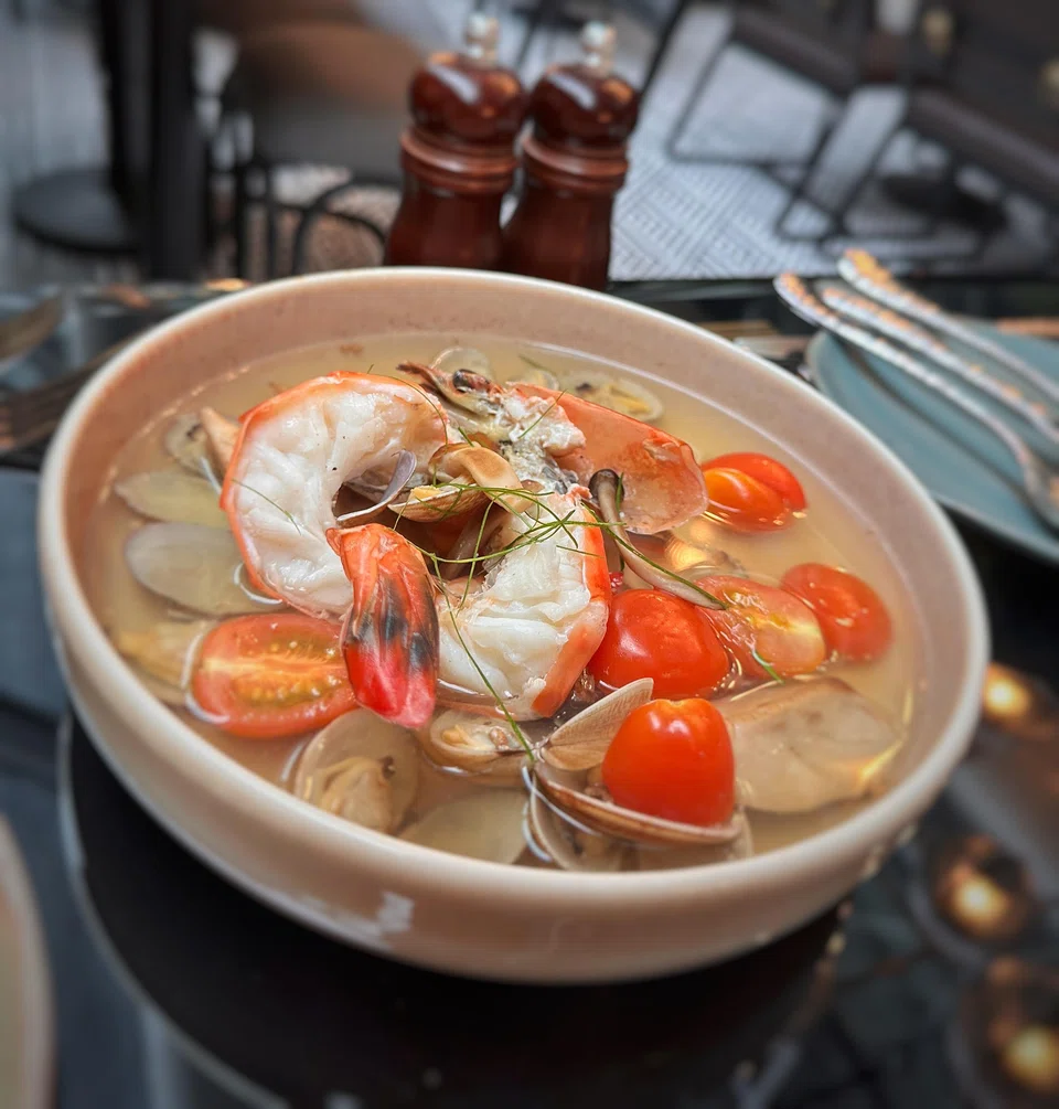 Baby clams and prawns in a Thai-inspired lemongrass broth.