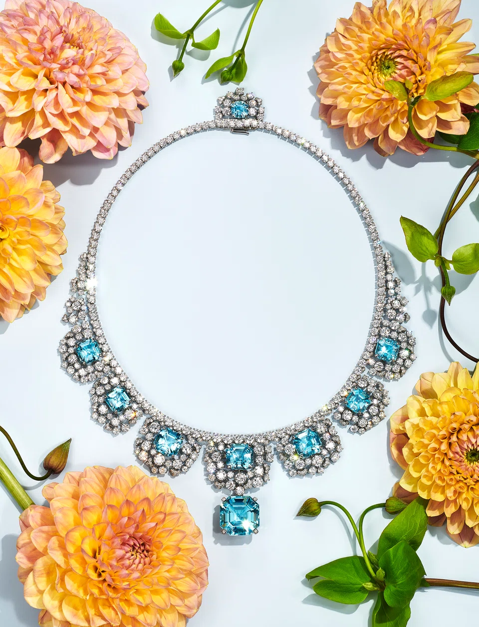 Tiffany necklace in platinum with aquamarines and diamonds.





