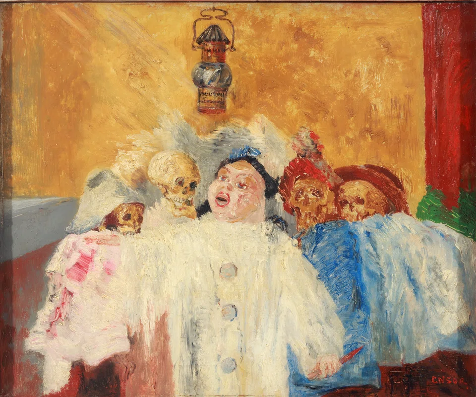 Flemish artist James Ensor's Pierrot et squelettes 1905 is on dispay at BOZAR.