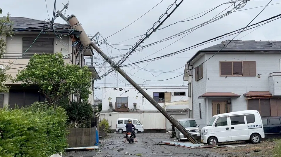 A fallen electricity pole following Typhoon Shanshan in Miyazaki, Japan, Aug 29, 2024.