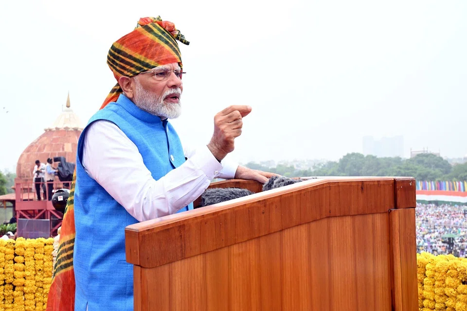 Narendra Modi speaking at the nation's Independence Day ceremony at Red Fort in New Delhi. He again called for a replacement of India’s religion-based laws with a uniform civil code, a move that’s been opposed by some minority groups.