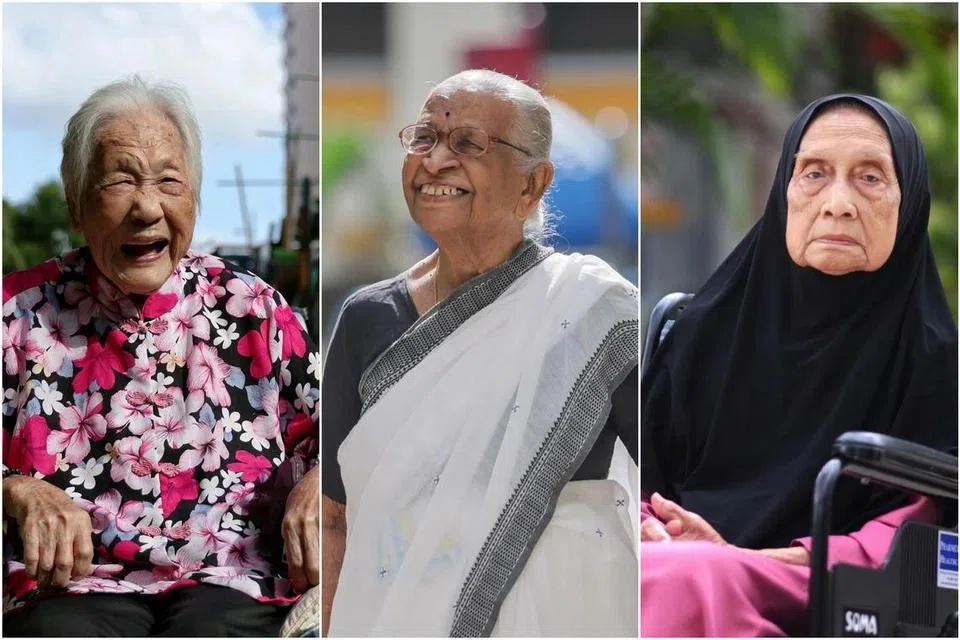 (From left) Madam Lee Yim Leng, 105; Madam Sharada Chellam, 101; and Madam Masna Unwari, 99.