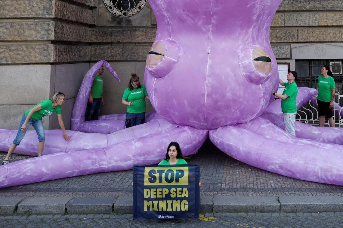 There is now a growing chorus for a moratorium on deep sea mining. Greenpeace activists protesting in front of the Ministry of Industry in Prague, Czech Republic, June 1, 2023. 