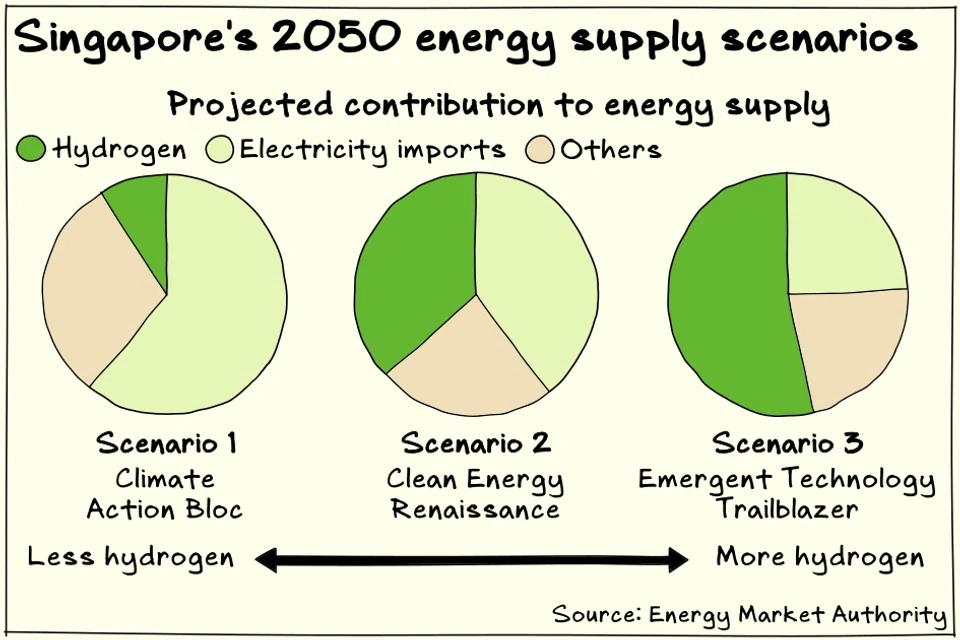 Singapore’s future green energy mix will depend on the availability of green hydrogen versus electricity imports.