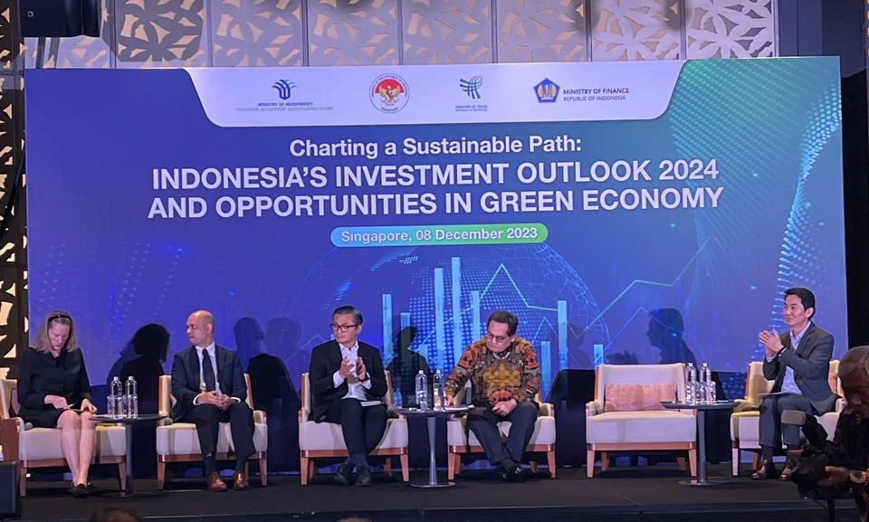 Bank Mandiri chief economist Andry Asmoro (third from left) speaking at a panel discussion at the Indonesian Investment Outlook 2024 event held in Singapore on Dec 8.