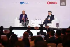 Coordinating Minister for National Security K Shanmugam speaking at a dialogue moderated by ST editor Jaime Ho during the Asia Future Summit on Oct 9.