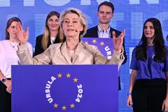 European Commission President and European People’s Party lead candidate Ursula von der Leyen (centre) speaking after the European Parliament election in Brussels. Given the results, she may need to make significant concessions to right-wing parties to secure support for a second term as Commission president. 