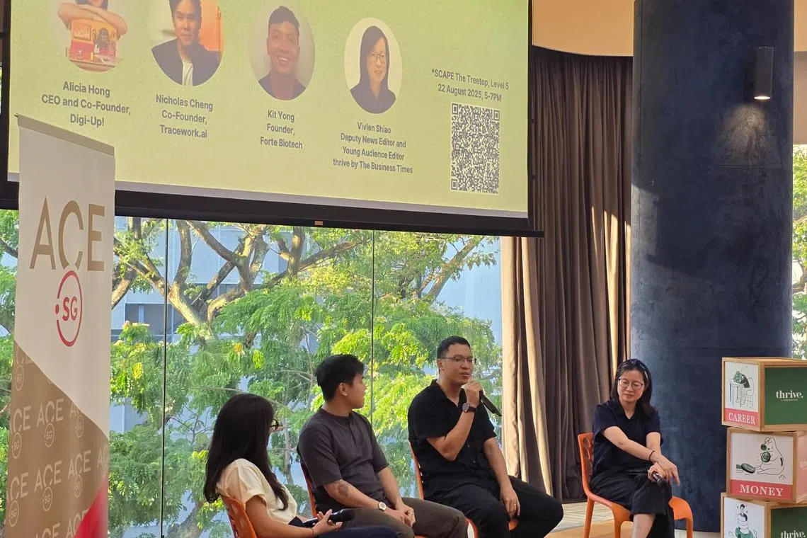 From left: Alicia Hong, CEO and co-founder of Digi-Up!, Nicholas Cheng, co-founder of Tracework.ai and VideoPulse, Kit Yong, founder of Forte Biotech and Vivien Shiao BT's young audience editor and the moderator of the panel discussion.