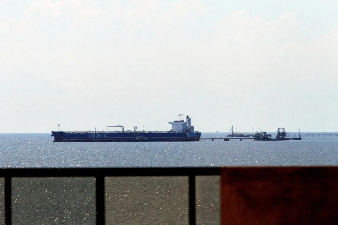 Chevron-chartered oil tanker Ionic Anax near the Bajo Grande port in Venezuela's Lake Maracaibo after loading for export, San Francisco, Zulia State, Venezuela, Dec 13, 2025. 