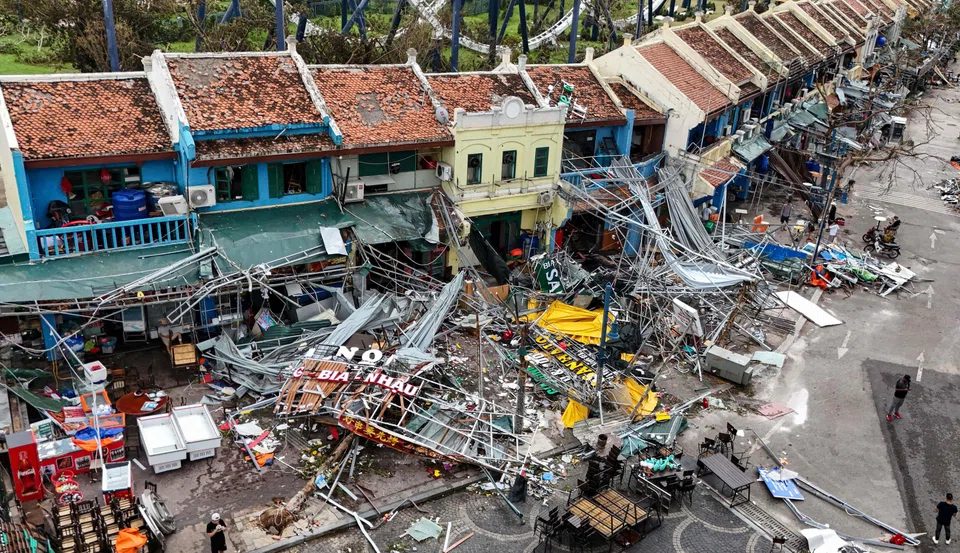 Damaged buildings and debris on a street after Super Typhoon Yagi hit Ha Long, in Quang Ninh province, Vietnam, Sept 8, 2024. 