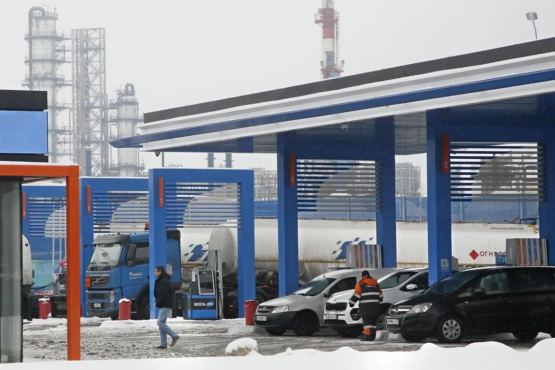 A Gazprom Neft gas station outside the Gazprom Neft MNPZ refinery in Moscow, Russia, Dec 30, 2022. 
