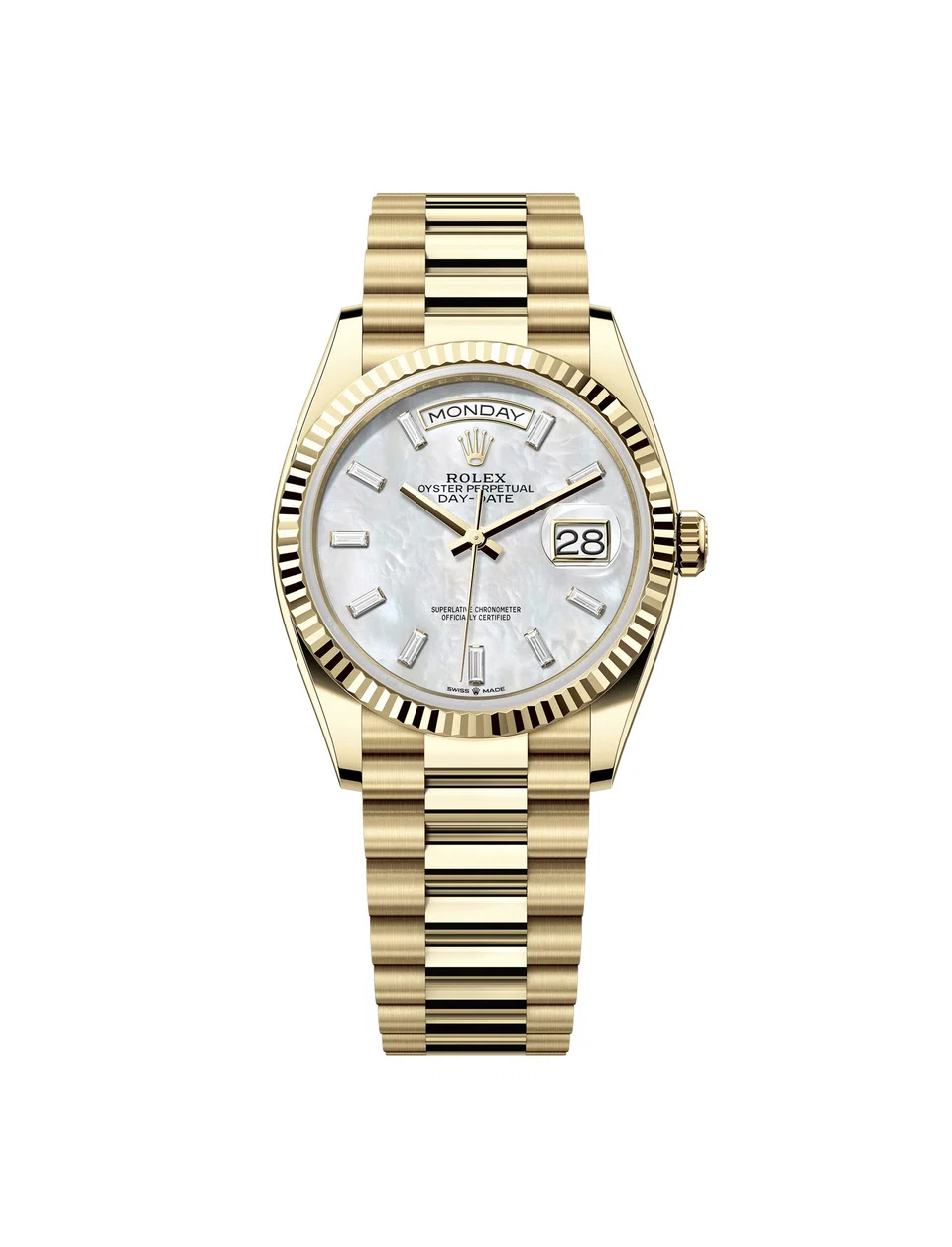 The Oyster Perpetual Day-Date 36 in yellow gold with a white mother-of-pearl, diamond-set dial.