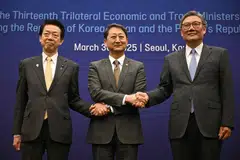 A Mar 30 meeting between South Korean Industry Minister Ahn Duk-geun (centre) and his counterparts, Yoji Muto of Japan (left) and Wang Wentao of China, takes place with the US’ 25% levy on car imports set to take effect on Apr 3.