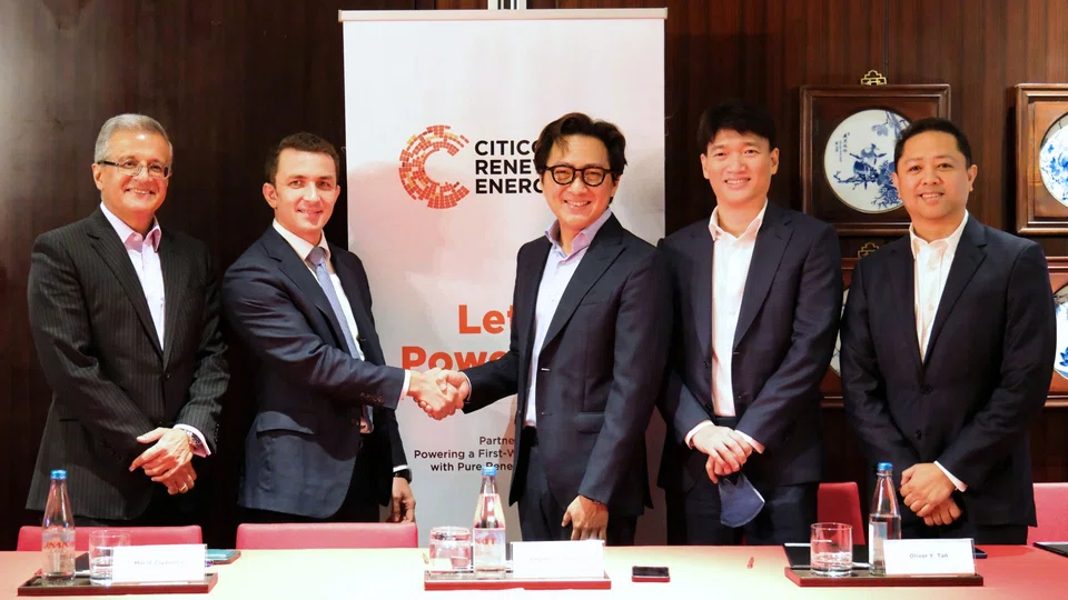 (From left) Sandeep Uppal, Philippines CEO, HSBC; Marat Zapparov, CEO of Pentagreen Capital; and Citicore Renewables' chairman Edgar Saavedra, CEO Oliver Tan, and director Manuel Louie Ferrer, at the signing ceremony. The deal carries a greenshoe option to raise the committed amount to US$100 million to fund additional greenfield solar projects and the expansion of Citicore’s portfolio.