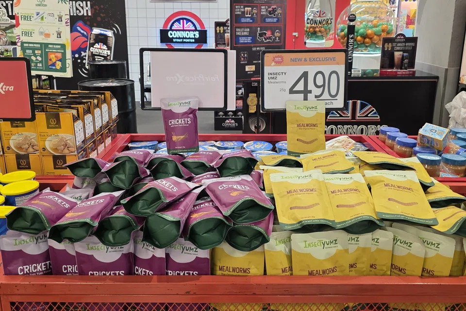 Insect Food’s mealworm and tom yum-flavoured cricket snacks are available at more than 200 supermarket outlets islandwide.
