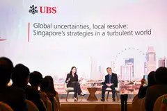 Deputy Prime Minister and Minister for Trade and Industry Gan Kim Yong (right) discusses Singapore’s strategy in a turbulent world, in a keynote address moderated by Young Jin Yee, Singapore country head at UBS and co-head of UBS Asia-Pacific.