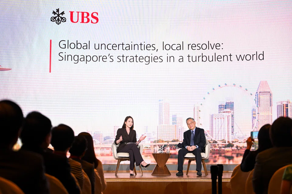Deputy Prime Minister and Minister for Trade and Industry Gan Kim Yong (right) discusses Singapore’s strategy in a turbulent world, in a keynote address moderated by Young Jin Yee, Singapore country head at UBS and co-head of UBS Asia-Pacific.