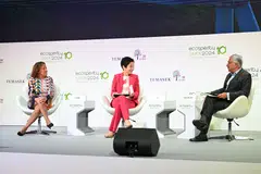 From left: The chief executive and president of Ceres Mindy Lubber, Minister for Sustainability and the Environment Grace Fu, and moderator Rohit Sipahimalani, who is also Temasek chief investment officer, during the fireside chat at Sands Expo and Convention Centre.