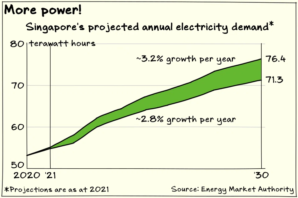 Singapore’s electricity consumption could grow between 34 per cent and 44 per cent from 2020 to 2030.