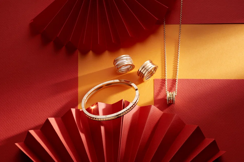 Left to right: B.zero1 Rock bangle in rose gold and black ceramic (S$12,300); B.zero1 Design Legend ring in rose gold with white ceramic (S$4,660); B.zero1 4-band ring in rose gold (S$4,460); B.zero1 Rock necklace in yellow gold and pavé diamonds (S$10,850)