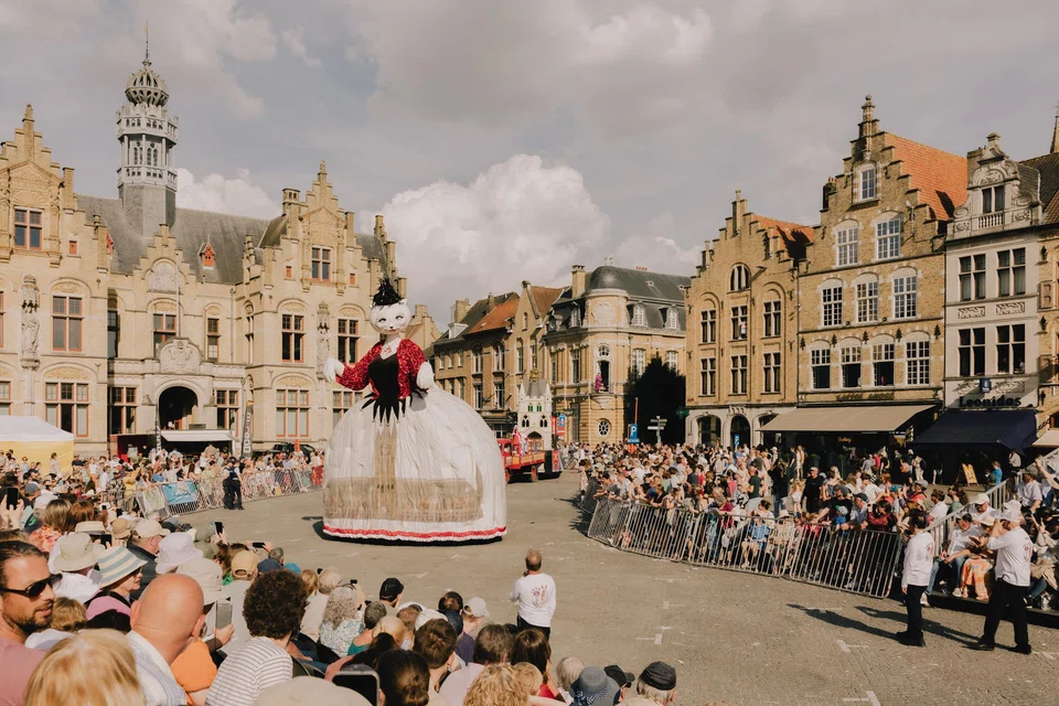 The float of Minneke Poes, the feline wife of the King of Cats, Cieper, at Kattenstoet, a cat-themed parade and festival in Iepers, Belgium.