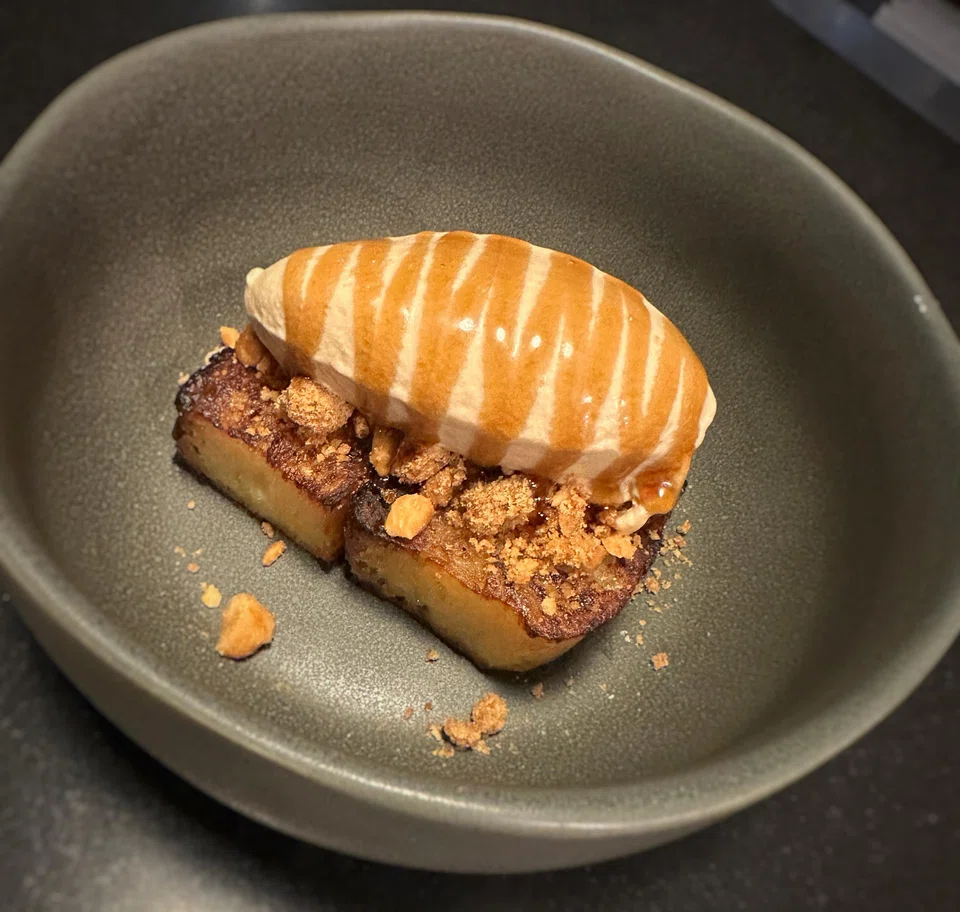 Parsnip bingka ubi with peanut butter ice cream.