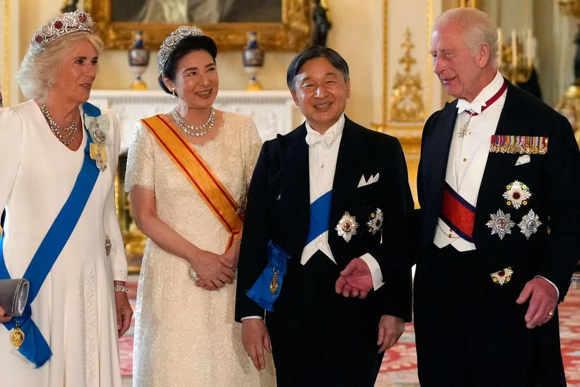 Britain's King Charles III, Britain's Queen Camilla, Japan's Emperor Naruhito and Japan's Empress Masako pose for a formal photograph ahead of a state banquet at Buckingham Palace in London, Britain, June 25, 2024.