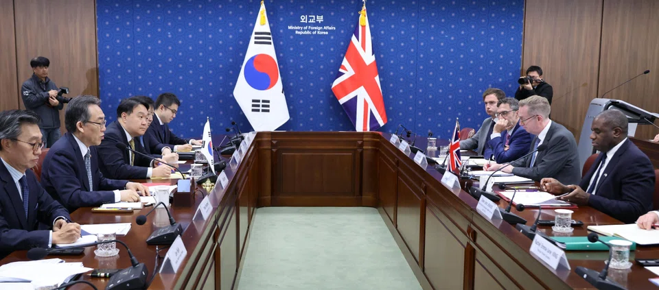South Korean Foreign Minister Cho Tae-yul (second from left) and Britain’s Foreign Secretary David Lammy (first from right), hold strategic talks at the foreign ministry in Seoul, South Korea, on Oct 21. 