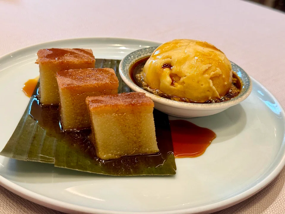Classic kueh bingka with gula melaka durian ice cream.