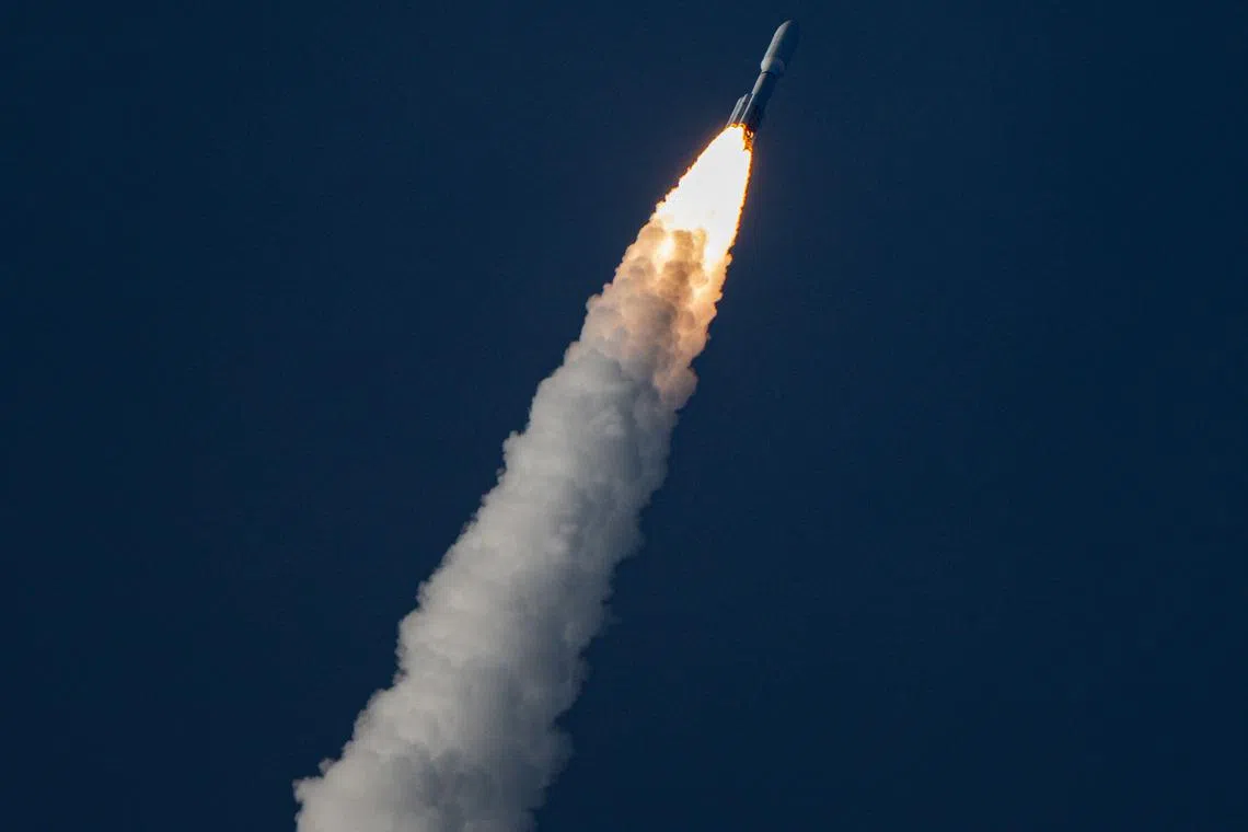 A United Launch Alliance Atlas V rocket carrying Amazon Project Kuiper lifts off to launch the first production satellite in Cape Canaveral, Florida, April 28, 2025.