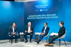 From left: Zheng Jingxin, Singapore Economic Development Board's vice-president of mobility and industrial solutions; Iain Rodger, GE Aerospace's managing director of component repair in Singapore; Yip Hin Meng, ST Engineering's executive vice-president and head of aerospace MRO; Derryn Wong, The Business Times' correspondent. 