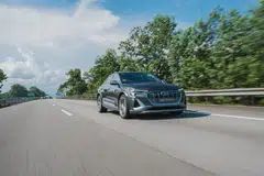 The car  has a fastback silhouette and smooth front end. with only a slender opening for cooling air to slip into the engine bay.