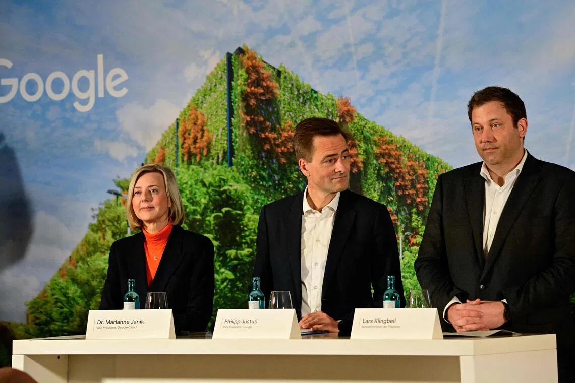 (From left) Google Cloud vice-president for Northern Europe Marianne Janik, Google vice-president for Central Europe Philipp Justus and German Finance Minister Lars Klingbeil address a press conference in Berlin, Germany, Nov 11, 2025. 