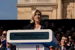 National Rally leader Marine Le Pen speaks during a demonstration at Place Vauban in Paris, France, April 6, 2025. 