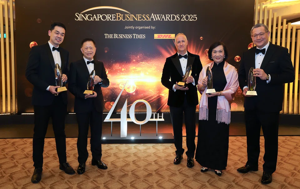 Award winners from the 40th Singapore Business Awards. (From left) Young Business Leader of the Year Aaron Tan, co-founder and CEO of Carro; Michael Mun, executive chair and CEO of Aztech Global, which clinched the Enterprise Award; Businessman of the Year Laurent Junique, CEO of TDCX; Outstanding Chief Executive of the Year Helen Wong, group CEO of OCBC; and Outstanding Overseas Executive of the Year Irving Tan, CEO of Western Digital Corporation.